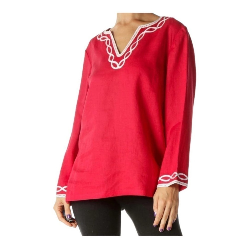 Talbot's Womens medium 100% Linen Red with White Embroidered Tunic Top B…​​